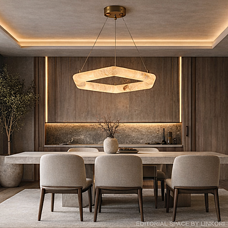 Geometric alabaster ring chandelier above a rectangular dining table in a quiet luxury dining room - L&B AURALITH