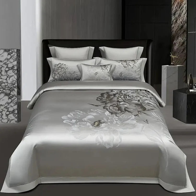 Silver gray floral jacquard duvet cover set in 1000TC Egyptian cotton satin on a modern bed – L&B