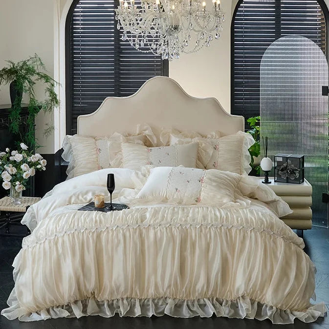 Ivory princess ruffled lace duvet cover and bed skirt set, RUBYLACE IVORY styled in an elegant bedroom – L&B