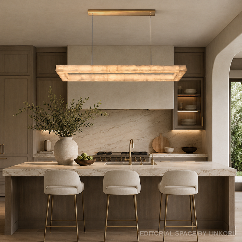 Alabaster linear chandelier with a gold canopy above a marble island in an organic modern kitchen with dark wood cabinets