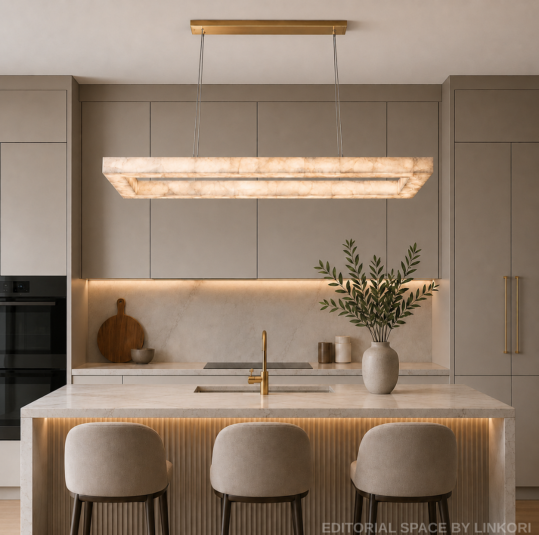 Modern alabaster kitchen island chandelier with a gold canopy in a warm neutral contemporary kitchen