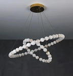 Modern double ring chandelier with natural alabaster globes and a gold ceiling canopy - L&B