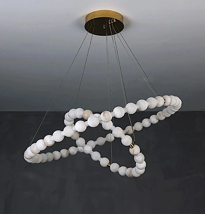 Modern double ring chandelier with natural alabaster globes and a gold ceiling canopy - L&B