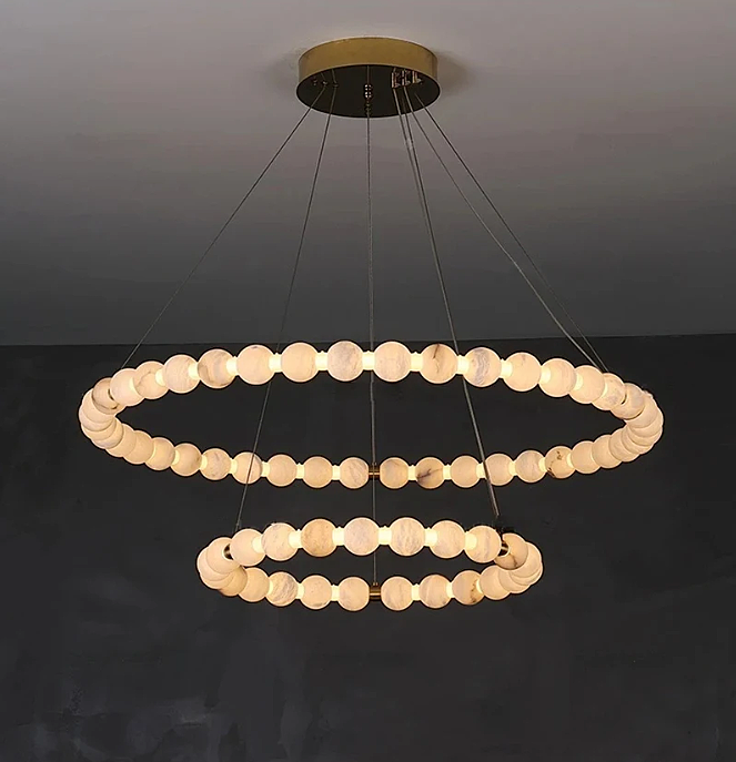 2-tier alabaster ring chandelier with stacked globe halos and a gold canopy - L&B