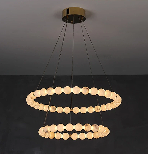 2-tier alabaster globe ring chandelier with a gold canopy for the modern entry - L&B