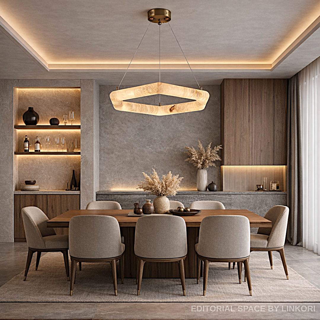 Modern square alabaster chandelier above a round marble dining table in a warm contemporary interior - L&B AURALITH