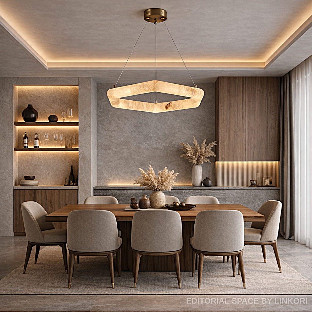 Modern square alabaster chandelier above a round marble dining table in a warm contemporary interior - L&B AURALITH