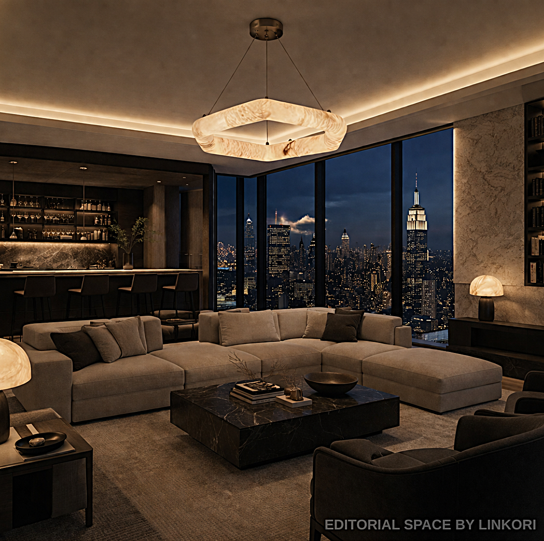 Geometric alabaster chandelier in a modern luxury living room with floor-to-ceiling skyline windows - L&B