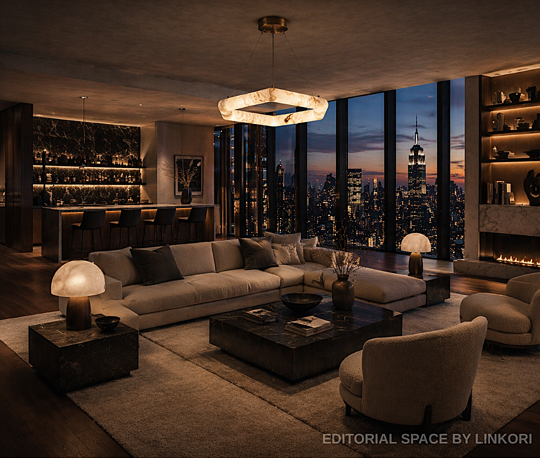 Alabaster ring chandelier in a quiet luxury penthouse living room with a city skyline view - L&B