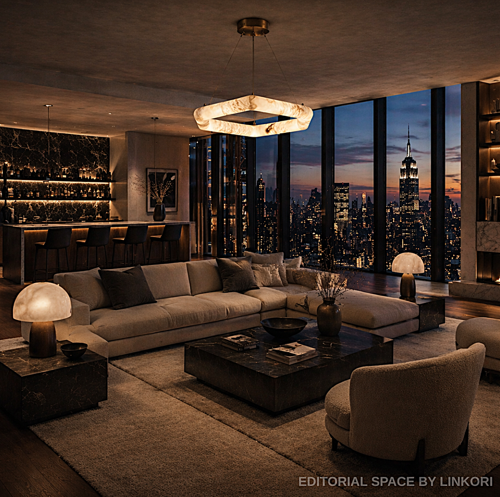 Modern geometric alabaster chandelier above a contemporary seating area in a luxury interior - L&B