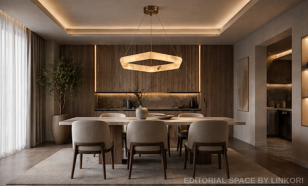 Geometric alabaster ring chandelier above a rectangular dining table in a warm modern dining room - L&B