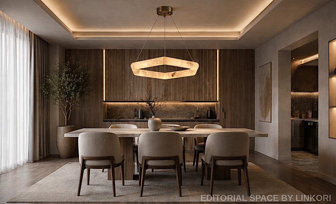 Geometric alabaster ring chandelier above a rectangular dining table in a warm modern dining room - L&B