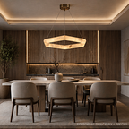 Modern alabaster dining room chandelier in a contemporary wood-paneled interior - L&B