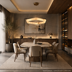 Alabaster geometric ring chandelier over a dining table in a warm modern wood-paneled dining room - L&B
