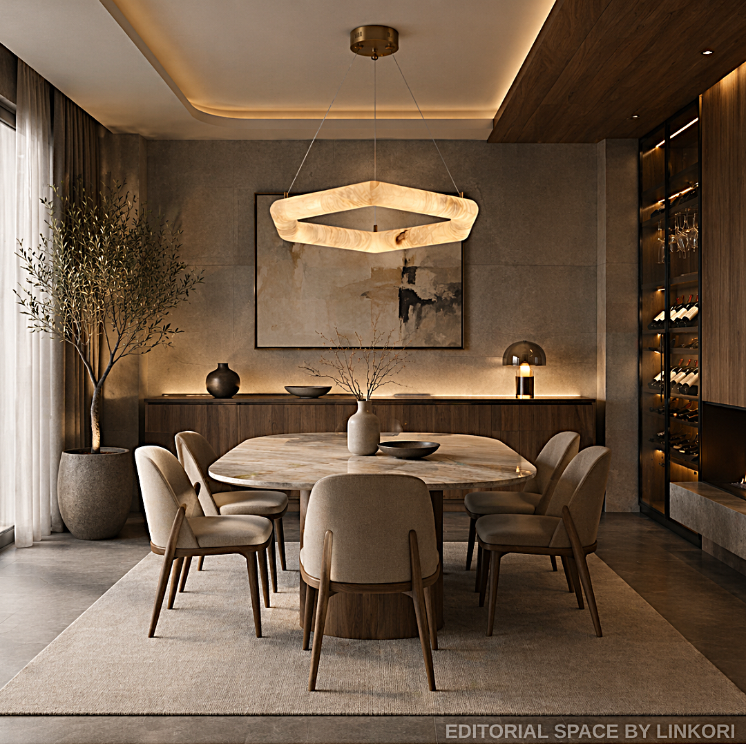 Alabaster geometric ring chandelier over a dining table in a warm modern wood-paneled dining room - L&B
