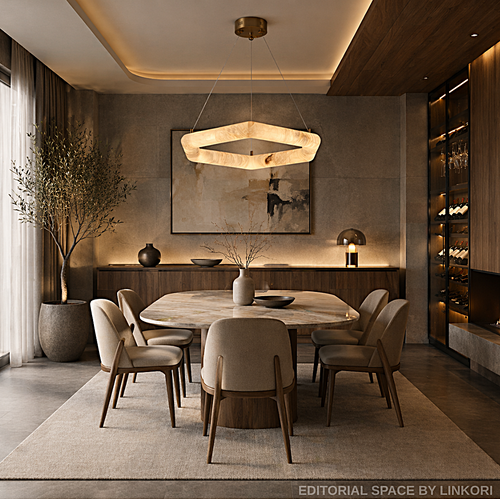 Alabaster geometric ring chandelier over a dining table in a warm modern wood-paneled dining room - L&B