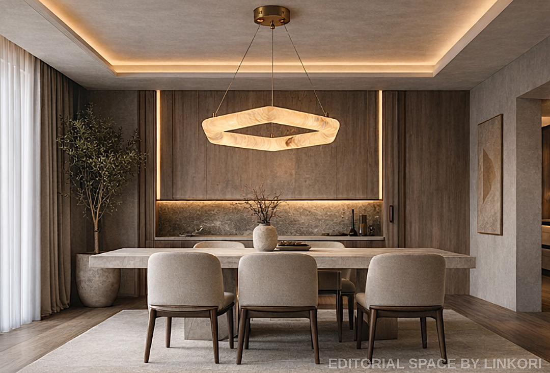 Modern alabaster dining room chandelier above a stone table in a neutral organic modern interior - L&B