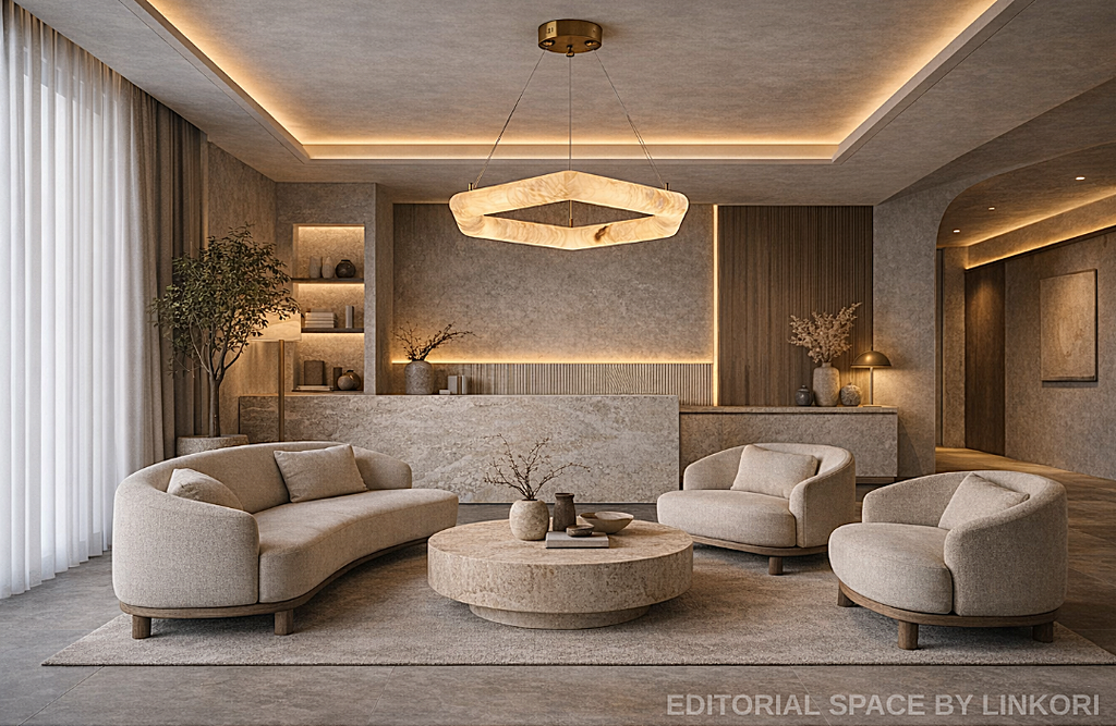 Geometric alabaster ring chandelier in a quiet luxury living room with curved neutral furniture - L&B