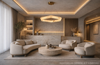 Geometric alabaster ring chandelier in a quiet luxury living room with curved neutral furniture - L&B