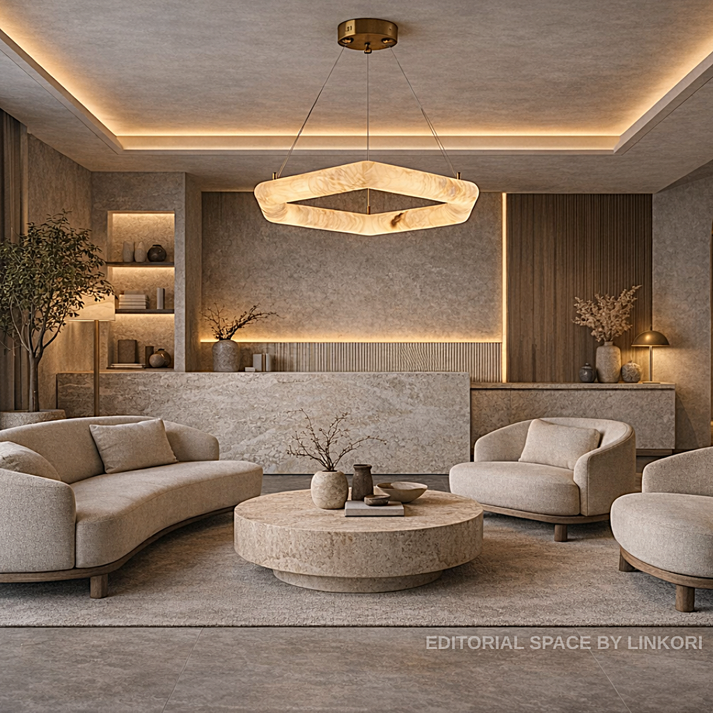 Square alabaster ring chandelier with a brass canopy in a warm modern living room - L&B