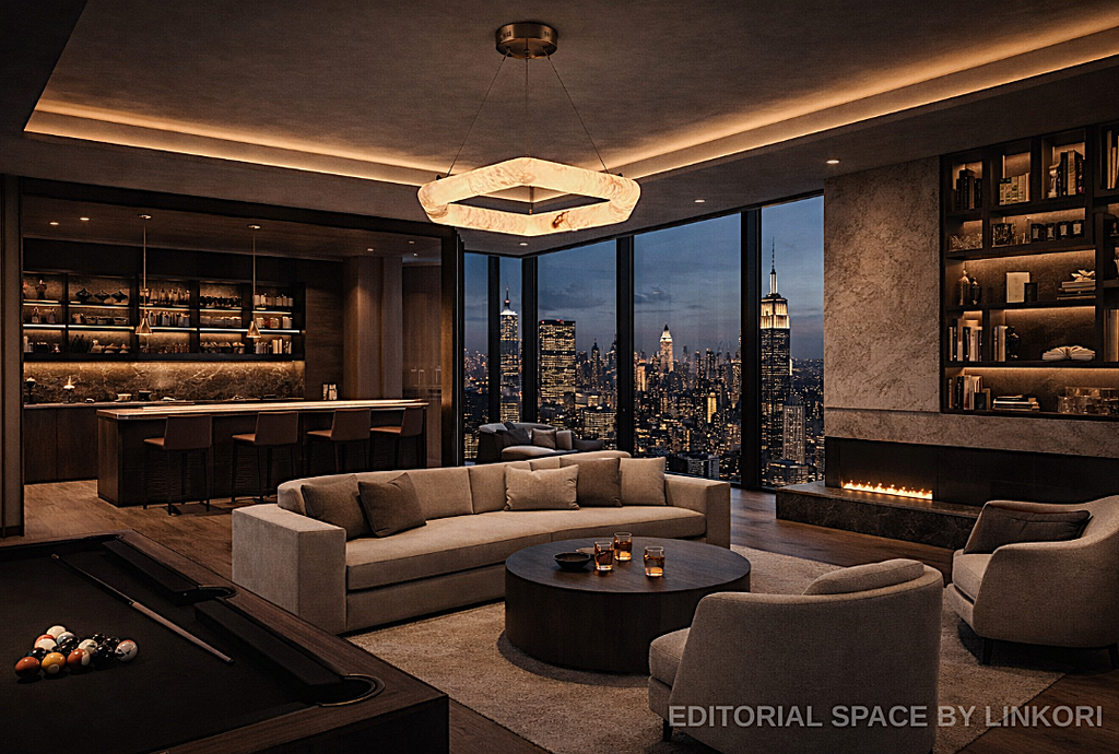 Modern alabaster statement chandelier in a luxury penthouse living room with city views - L&B