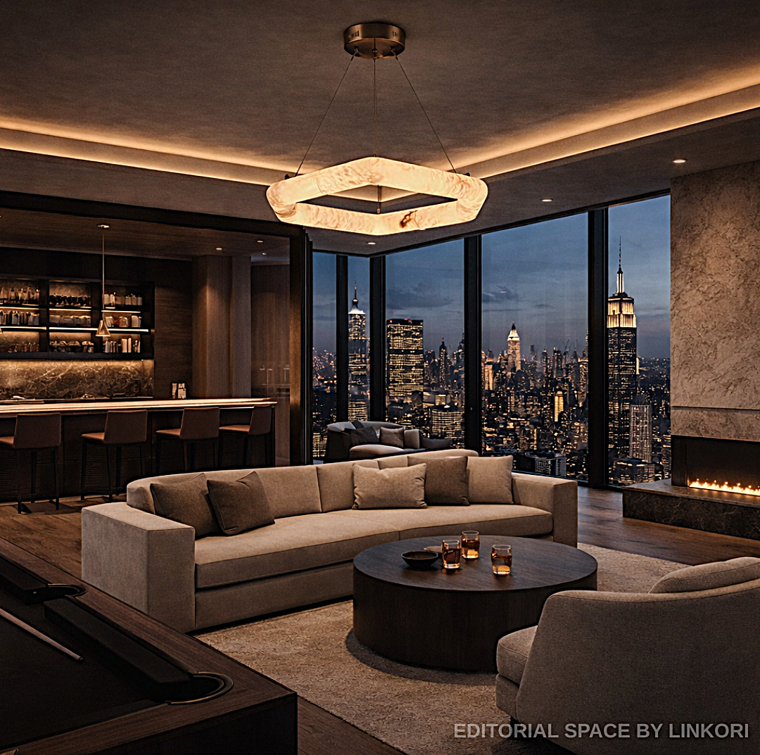 Geometric alabaster ring chandelier in a luxury penthouse living room with city views - L&B
