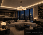 Modern alabaster statement chandelier above a sectional sofa in a warm contemporary living room - L&B