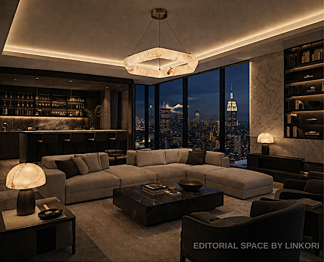 Modern alabaster statement chandelier above a sectional sofa in a warm contemporary living room - L&B