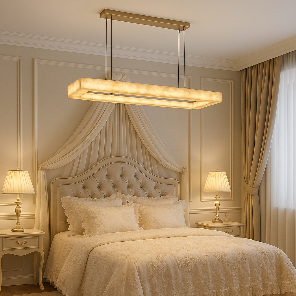 Alabaster Linear Chandelier Above Elegant Neutral Bedroom with Gold Canopy | BASPEAQ R. - L&B