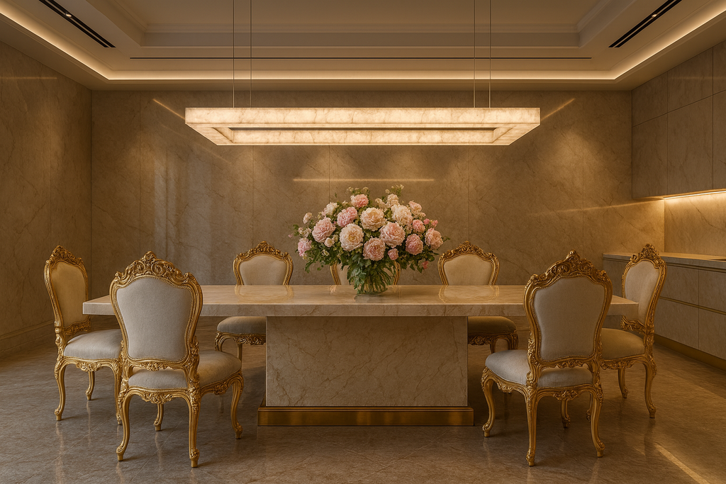 Luxury Alabaster Rectangular Chandelier Above Stone Dining Table with Gold Accents - L&B