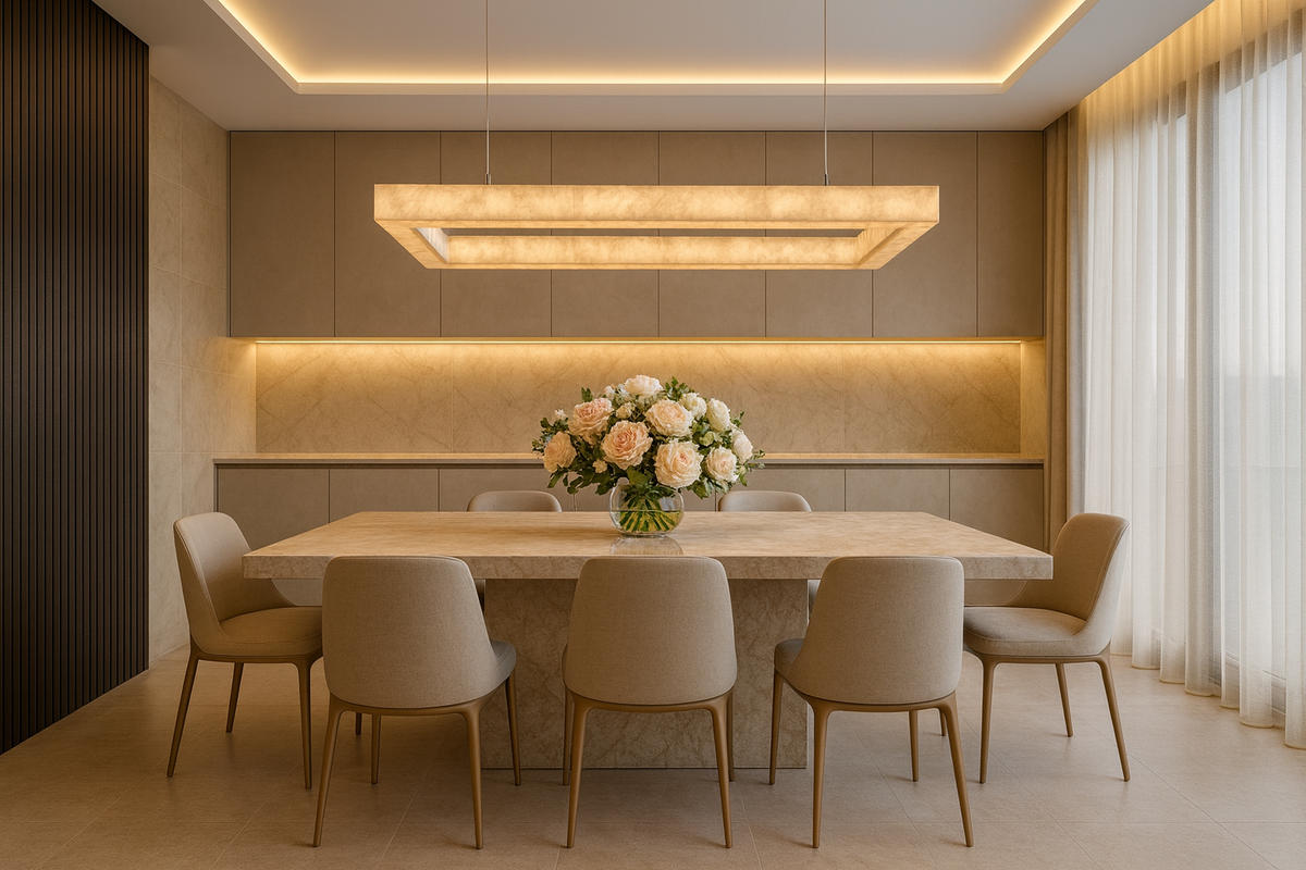 Alabaster Linear Pendant Light Above Modern Rectangular Dining Table | BASPEAQ R. - L&B