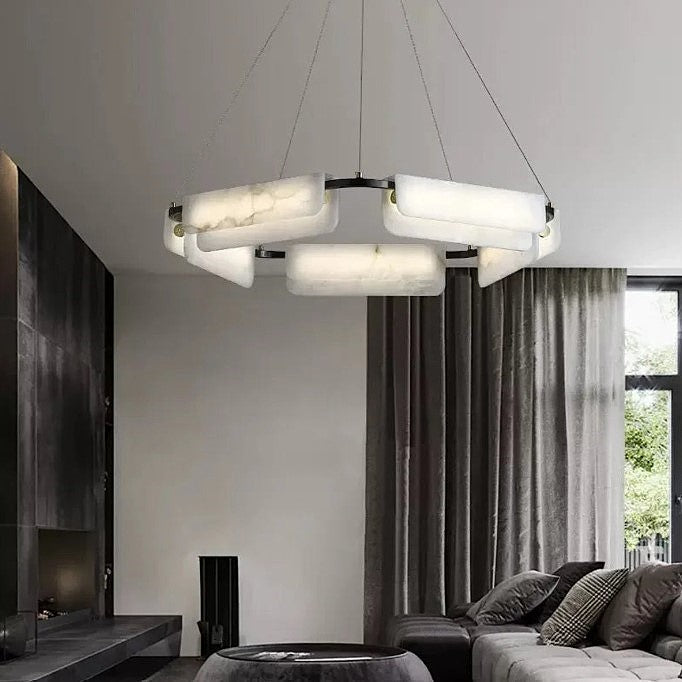 Grey Alabaster ring chandelier for a contemporary living room with a black metal frame and soft stone glow - L&B