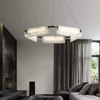 Grey Alabaster ring chandelier for a contemporary living room with a black metal frame and soft stone glow - L&B