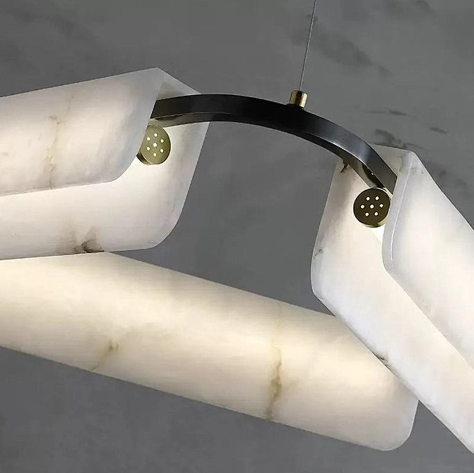 Close-up of rectangular alabaster bars on a modern black ring chandelier - L&B