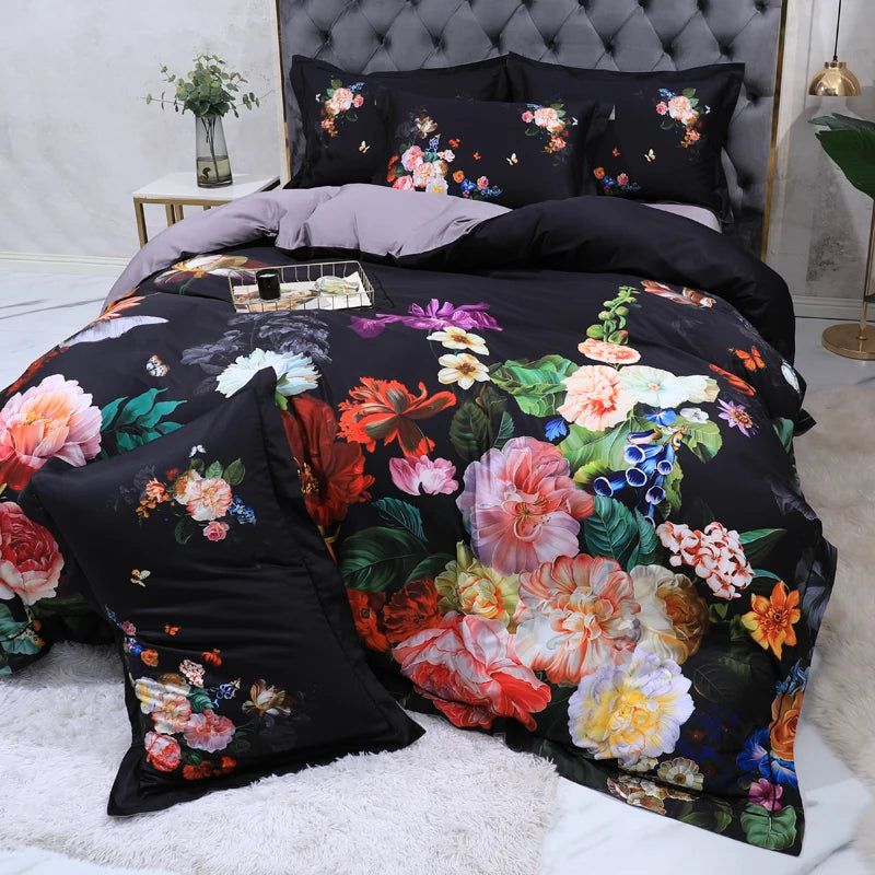 Black floral duvet cover and matching shams with bold rose and peony-inspired garden motifs – L&B