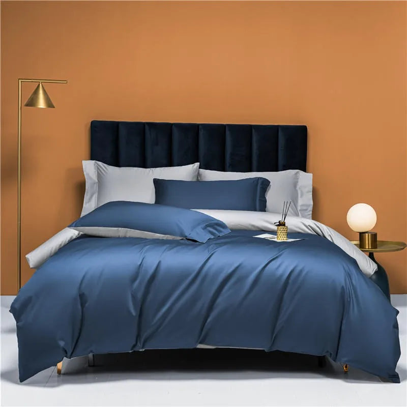 Front view of slate blue and silver gray reversible duvet cover set, NESLLA BLUE GREY – L&B