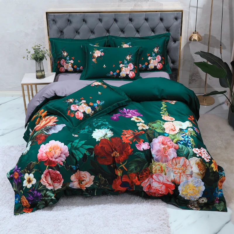 Green floral duvet cover set featuring vibrant botanical blooms against a rich emerald background – L&B