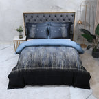 DARK FOREST navy woodland duvet cover set styled with coordinating beige bedding layers – L&B