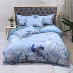 Blue peacock botanical duvet cover featuring graceful birds and watercolor garden details – L&B