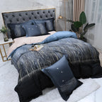 Winter forest duvet cover set featuring white tree silhouettes across deep navy Egyptian cotton – L&B