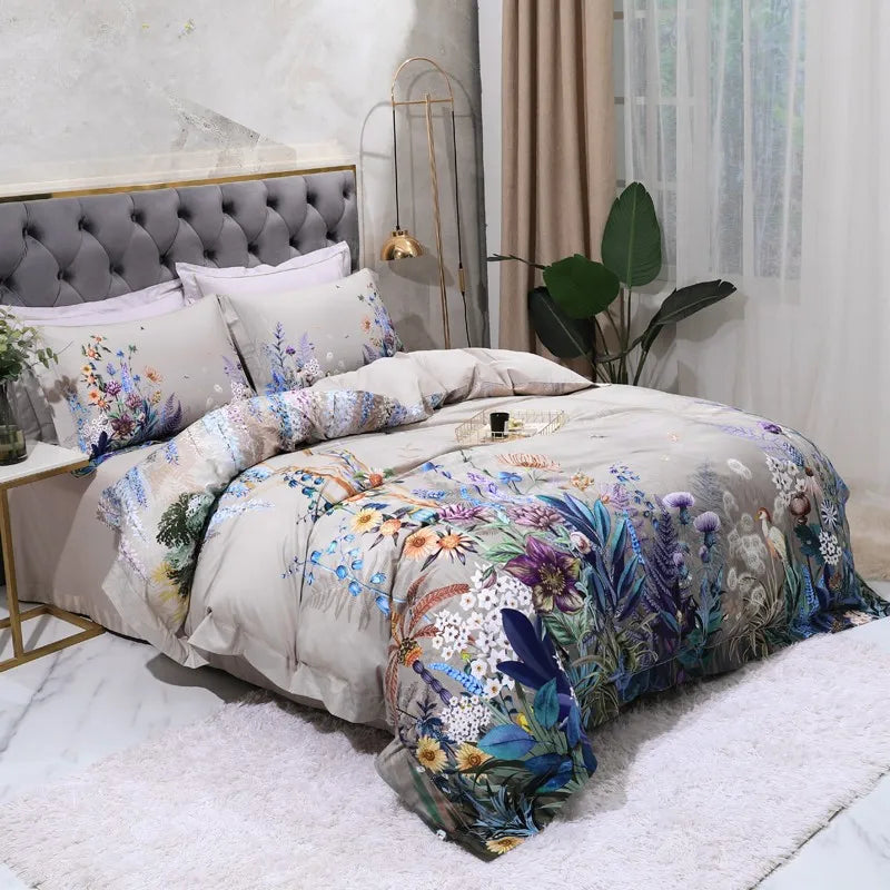Beige peacock floral bedding with lush garden botanicals and coordinating pillow shams – L&B