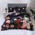 Dark floral duvet cover set featuring vibrant botanical blooms against a dramatic black background – L&B