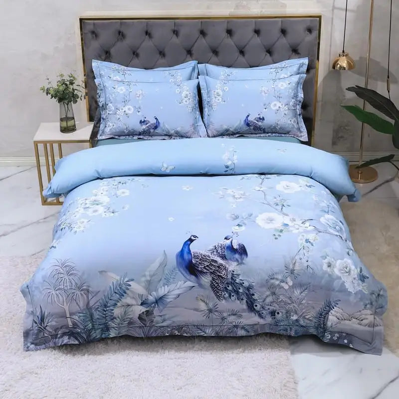 Sky blue peacock duvet cover set with botanical branches and delicate white blossoms – L&B