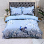 Sky blue peacock duvet cover set with botanical branches and delicate white blossoms – L&B