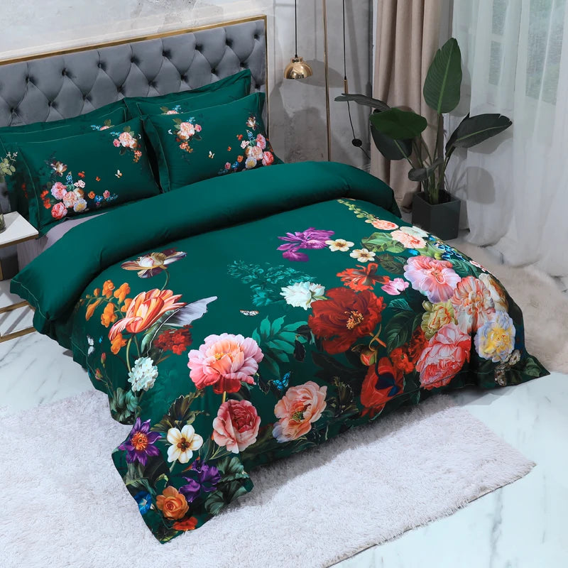 Emerald green Egyptian cotton bedding styled with colorful garden flowers and matching floral pillow shams – L&B