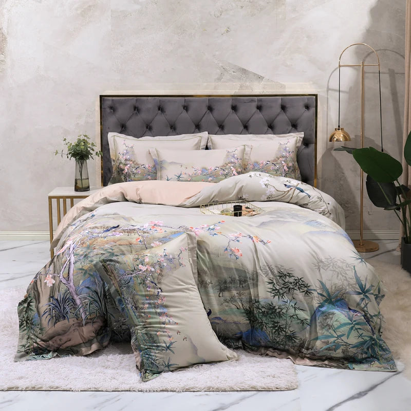Ivory botanical bedding set with watercolor garden scenery and coordinating landscape pillow shams – L&B