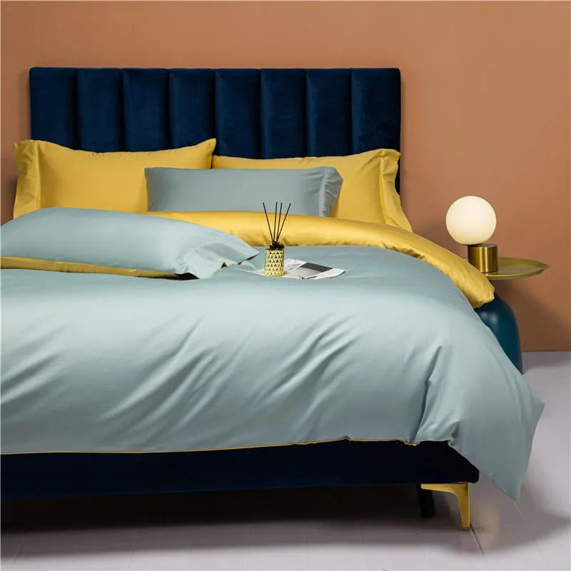 Sky blue duvet cover set displayed with contrasting yellow shams in a contemporary bedroom – NESLLA SKY-BLUE YELLOW – L&B