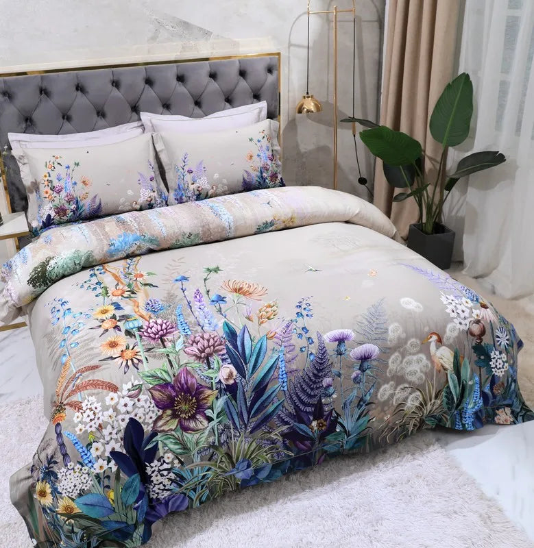 Botanical garden duvet cover featuring blue, purple and orange wildflowers on a soft beige background – L&B