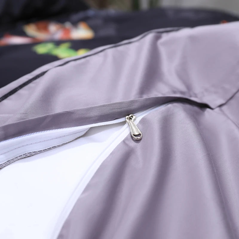 Hidden zipper closure detail on the coordinating gray reverse of the floral duvet cover – L&B