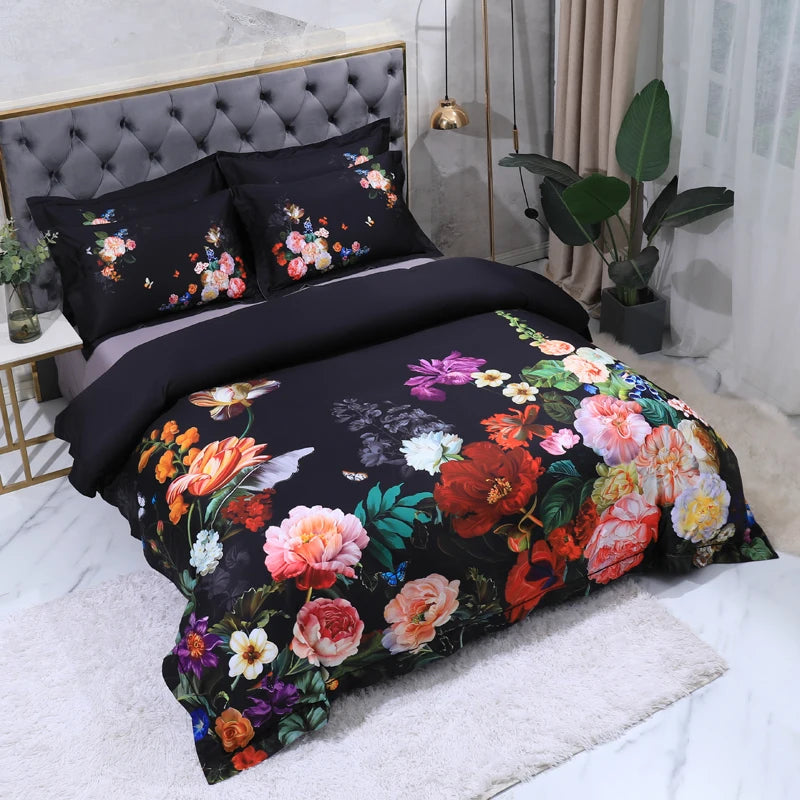 Black Egyptian cotton bedding styled with colorful garden flowers and coordinating floral pillow shams – L&B